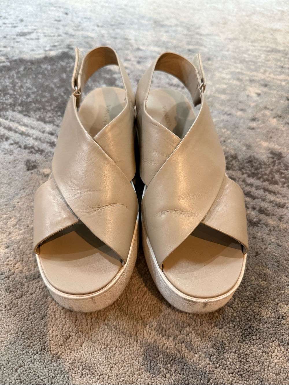 Vince Beige Crisscross Slingback Wedge Sandals
